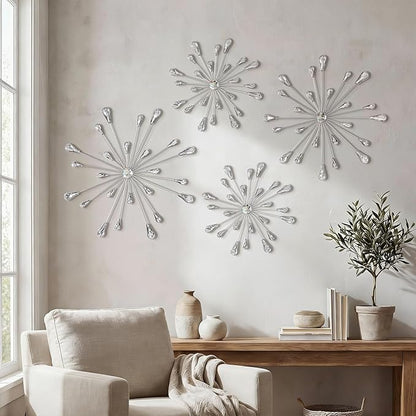 ZEXUIRU 4 Pcs Silver Starburst Wall Decor Metal Bling Wall Art Crystal Accents 3D Modern Decoration Glam Hanging Sculptures for Living Room Bedroom Office Teen Girl Room – Easy to Hang Home Decor Set