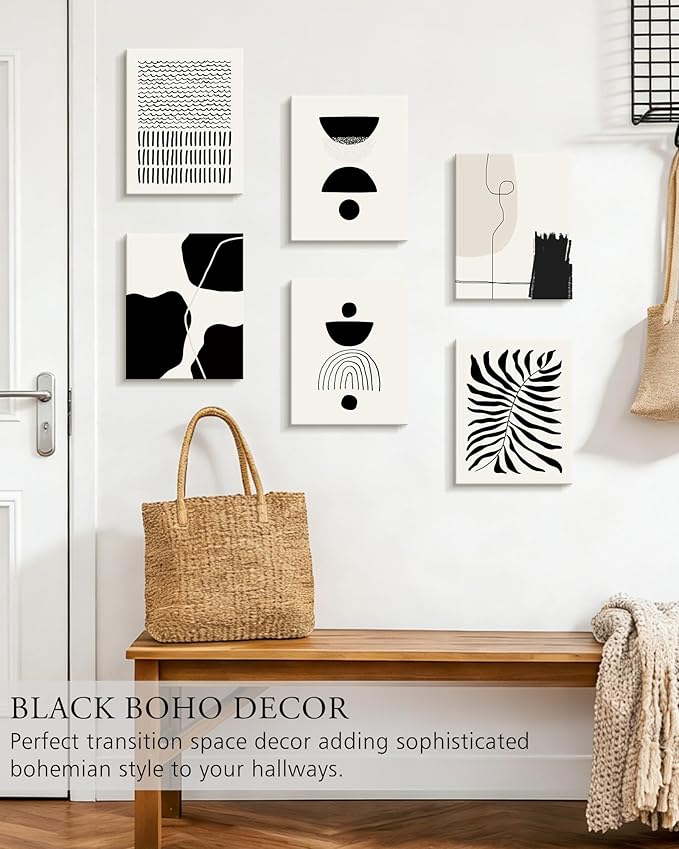 KUVIOKE Black Abstract Framed Wall Art Boho Room Decor Set of 6 Minimalist Geometric Line Art Bohemian Mid Century Modern Prints for Bedroom Living Room 8x10in (Framed)