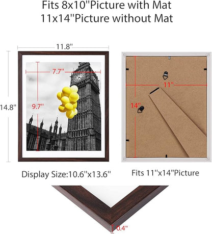 11x14 Picture Frame Set of 6, Display Pictures 8x10 with Mat or 11x14 Without Mat for Wall Tabletop Vertical Horizontal Display, Wall Gallery Photo Frames, Brown