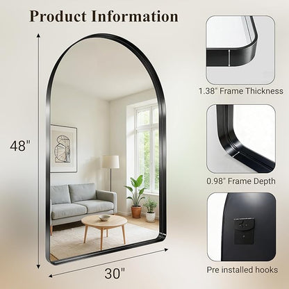 Arched Bathroom Mirror, 30"x48" Black Mirror for Wall Mounted Vanity Mirror for Over Sink with Tempered Glass, Aluminum Alloy Deep Frame, Farmhouse for Bedroom, Entryway, Living Room