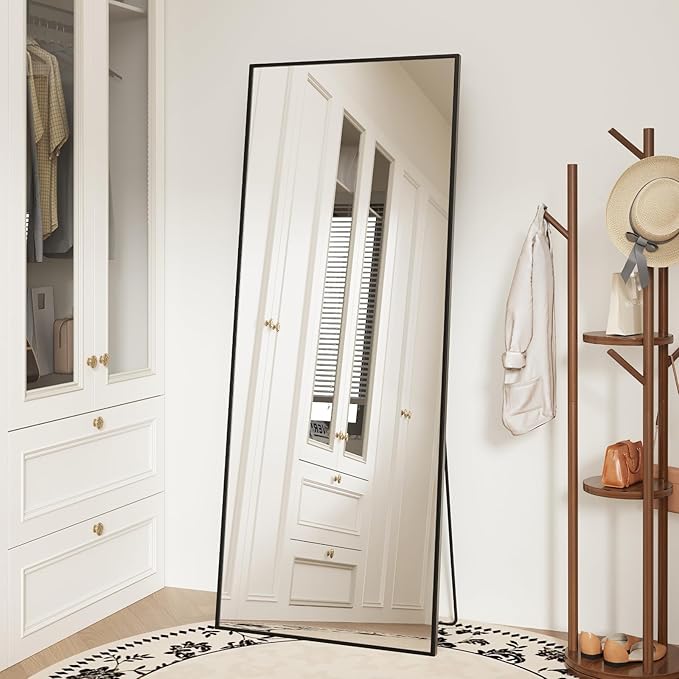 Sweetcrispy 56"x21" Full Length Mirror, Full Body Mirror with Aluminum Alloy Thin Frame, Leaning or Standing, Suitable for Bedroom, Livingroom, Cloakroom, Black