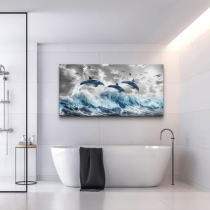 Wapluam Large Wall Decor For Living Room Framed Canvas Wall Art For Bedroom Blue Waves Of The Sea Wall Pictures Artwork Fashion Office Canvas Art Prints Dolphins Seascape Paintings Home Decoration