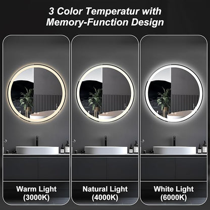 Sweetcrispy 36-Inch Round LED Bathroom Backlit Mirror with Lights, Circle Vanity Mirror with Anti-Fog, Dimmable, 3-Color Light, Memory Function, Tempered Glass