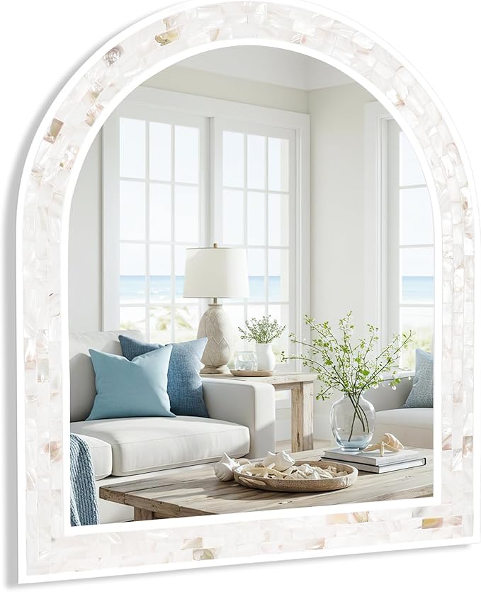 Tanmicoshomy White Arched Bathroom Mirror 30x36 Inch, Mosaic Design Natural Shell Inlay Bathroom Mirror with Tempered Glass for Bathroom Living Room Bedroom or Entryway