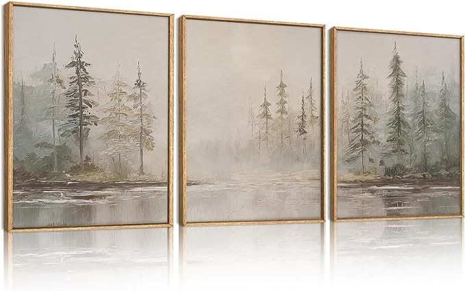 HPNIUB Modern Misty Pine Tree Framed Wall Art Set,Neutral Abstract Landscape Wall Decor,Nature Foggy Forest Art Print,Textured Beige Rustic Farmhouse Artwork for Living Room, Bedroom,Office-12 x16 x3