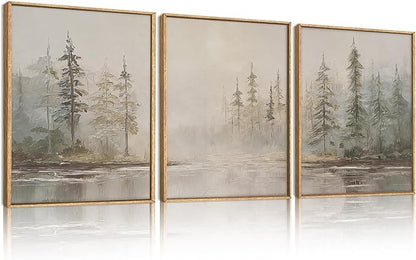 HPNIUB Modern Misty Pine Tree Framed Wall Art Set,Neutral Abstract Landscape Wall Decor,Nature Foggy Forest Art Print,Textured Beige Rustic Farmhouse Artwork for Living Room, Bedroom,Office-12 x16 x3