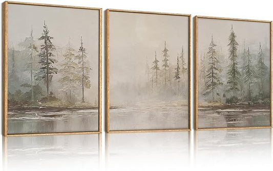 HPNIUB Modern Misty Pine Tree Framed Wall Art Set,Neutral Abstract Landscape Wall Decor,Nature Foggy Forest Art Print,Textured Beige Rustic Farmhouse Artwork for Living Room, Bedroom,Office-12 x16 x3
