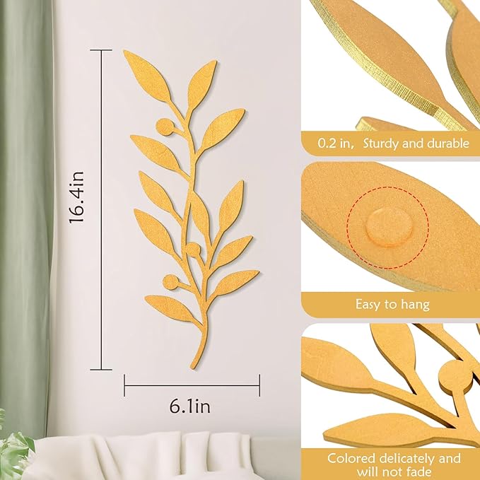 Zzbakress 2 Pieces Black Leaf Wall Decor Living Room, Wooden Vine Olive Branch Leaves Wall Decorations, Wooden Wall Art Decor For Hallway Bathroom Outdoor (Gold)
