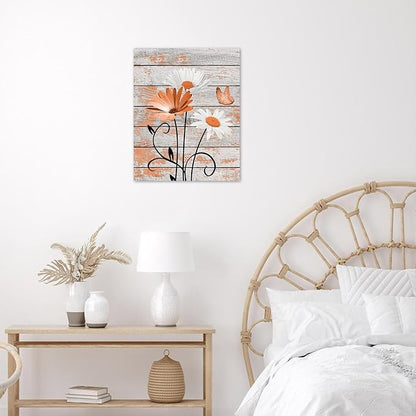 HVEST Farmhouse Orange Floral Wall Art for Living Room, Daisy Flower and Butterfly on Rustic Wood Pictures Wall Decor Nature Plant Framed Canvas Wall Art for Bedroom Bathroom Decor,16L X 12W inches