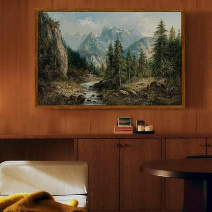 crmotu Landscape Framed Wall Art, Mountain Forest Canvas Art Prints, Pine Tree Vintage Oil Paintings, Riverside Rustic Farmhouse Decor Large Artwork, Wall Pictures for Living Room Bedroom 24x36in