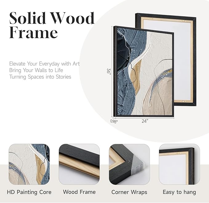 Large Framed Abstract Wall Art for Living Room, Set of 3 Modern Canvas Artwork for Wall, Blue Gray Minimalist Prints Paintings for Bedroom Hallway Office Wall Decor, 24x36 Inch