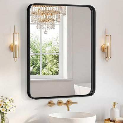 NEWBULIG 28X36 Inch Bathroom Mirror for Over Sink, Wall Vanity Mirrors Tempered Glass, Anti-Rust Metal Framed Rounded Rectangle, Hangs Horizontally or Vertically, Farmhouse Home Decor, Black