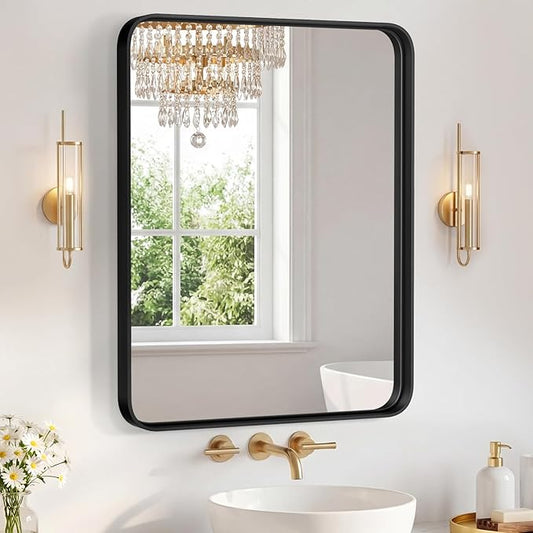 NEWBULIG 28X36 Inch Bathroom Mirror for Over Sink, Wall Vanity Mirrors Tempered Glass, Anti-Rust Metal Framed Rounded Rectangle, Hangs Horizontally or Vertically, Farmhouse Home Decor, Black
