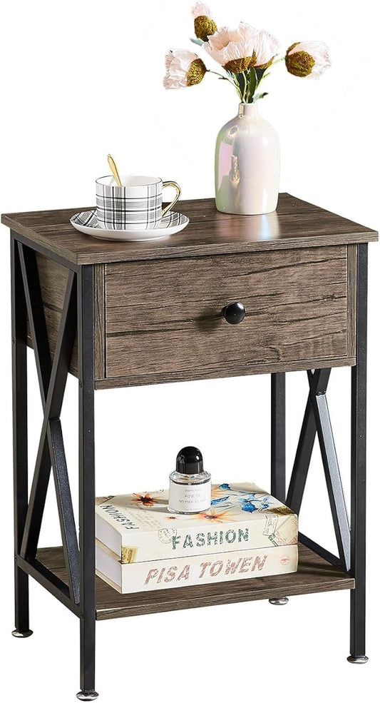 VECELO Nightstand,Modern Bedside End Table, Night Stand with Drawer and Storage Shelf for Living Room Bedroom, Industrial Metal Frame