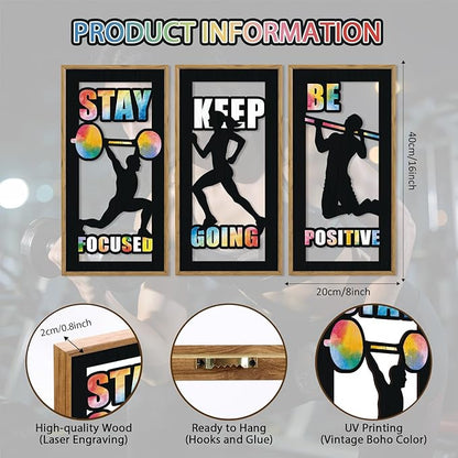 HPNIUB 3PCS Motivational Gym Wall Decor, Inspirational Workout Wooden Sign for GYM, Sports Silhouette Wood Hanging Wall Art for Exercise Classroom Workout Room Decoration(8x16Inch)