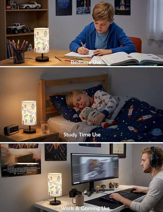 Kids Lamps for Bedrooms Boys, Robot Bedside Lamp 3-Color Small Linen Desk Lamp, 10 x 5.12 Inch with Integrated LED, for Boys & Girls Bedroom, Living Lighting Table Lamps Home Decoration