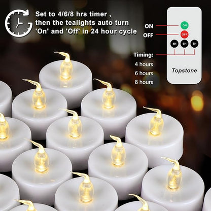 Topstone Flameless LED Candles with Remote Control - Warm White Flickering Battery Operated Candles, 400+ Hours,Timer Function, 4H/6H/8H Auto-Off,Electronic Tea Lights for Home Decor, Wedding, Party