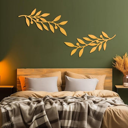 Zzbakress 2 Pieces Black Leaf Wall Decor Living Room, Wooden Vine Olive Branch Leaves Wall Decorations, Wooden Wall Art Decor For Hallway Bathroom Outdoor (Gold)