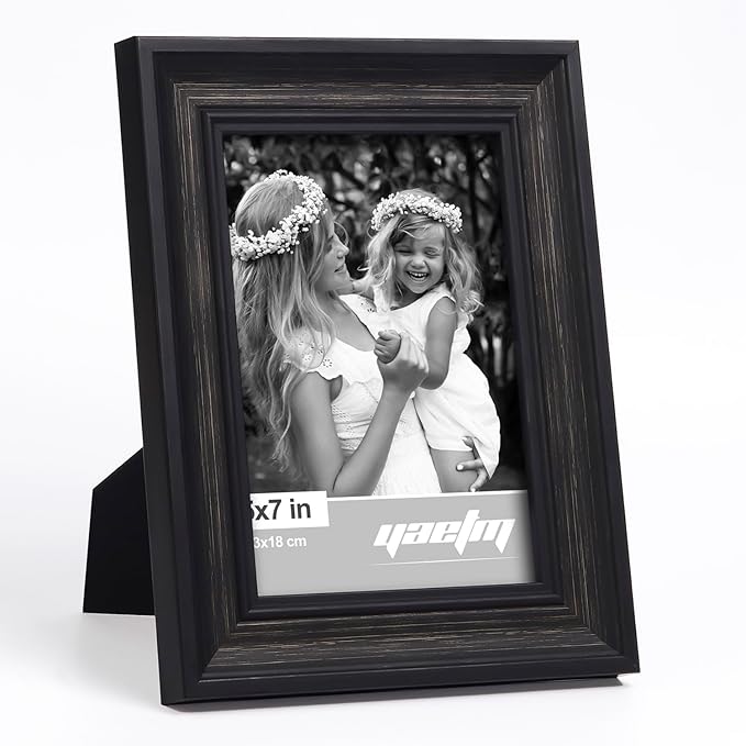 Yaetm Black 5x7 Picture Frame Set of 4, 1.4” Wide Molding & Distressed Black Photo Frames 5 x 7 with HD Tempered Glass, Display on Tabletop & Wall Mounting, 4 Pack