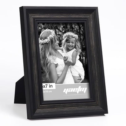 Yaetm Black 5x7 Picture Frame Set of 4, 1.4” Wide Molding & Distressed Black Photo Frames 5 x 7 with HD Tempered Glass, Display on Tabletop & Wall Mounting, 4 Pack