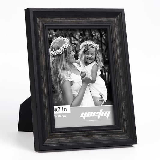 Yaetm Black 5x7 Picture Frame Set of 4, 1.4” Wide Molding & Distressed Black Photo Frames 5 x 7 with HD Tempered Glass, Display on Tabletop & Wall Mounting, 4 Pack