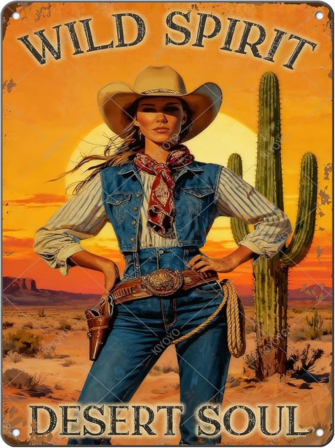 Cowgirl Vintage Metal Sign Wild Spirit Desert Soul Sign Retro Metal Plaque for Home Bar Garage Coffee Shop Wall Decoration 16x12 Inch