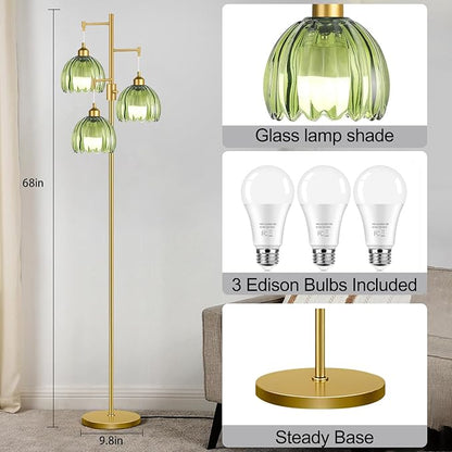 ZECOXOL Dimmable Floor Lamps for Living Room-3 Light Gold Floor Lamp with Three Bulbs & Glass Lampshape, Mid Century Modern Standing Lamp Tree Tall Flower Floor Lamp for Bedroom Living Room,Corner