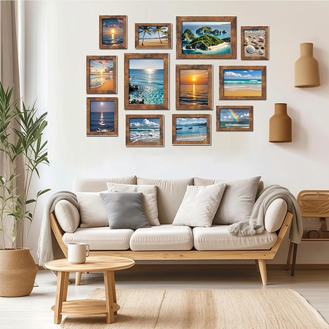 xnlkros 12 pack assorted gallery wall picture frame,rustic farmhouse wood picture frames multiple sizes including 4x6, 5x7, 8x10, 11x14, Ideal for living room hanging or tabletop display,Brown