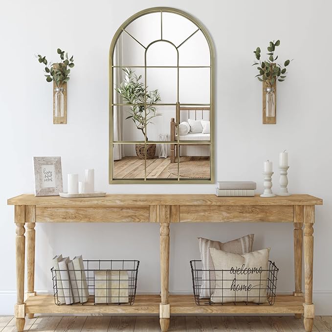 HQiJun Wall Mirror Window Decorative Mirrors Arched Farmhouse for Living Room Bedroom Entryway Bathroom Vanity (Gold, 41.3" x 24" x 1")