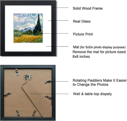8x8 Picture Frame Set of 4 Made of Solid Wood Photo Frame with Real Glass for Pictures 5x5 with Mat or 8x8 Without Mat, Wall Mount or Tabletop Gallery Photo Frames in Black