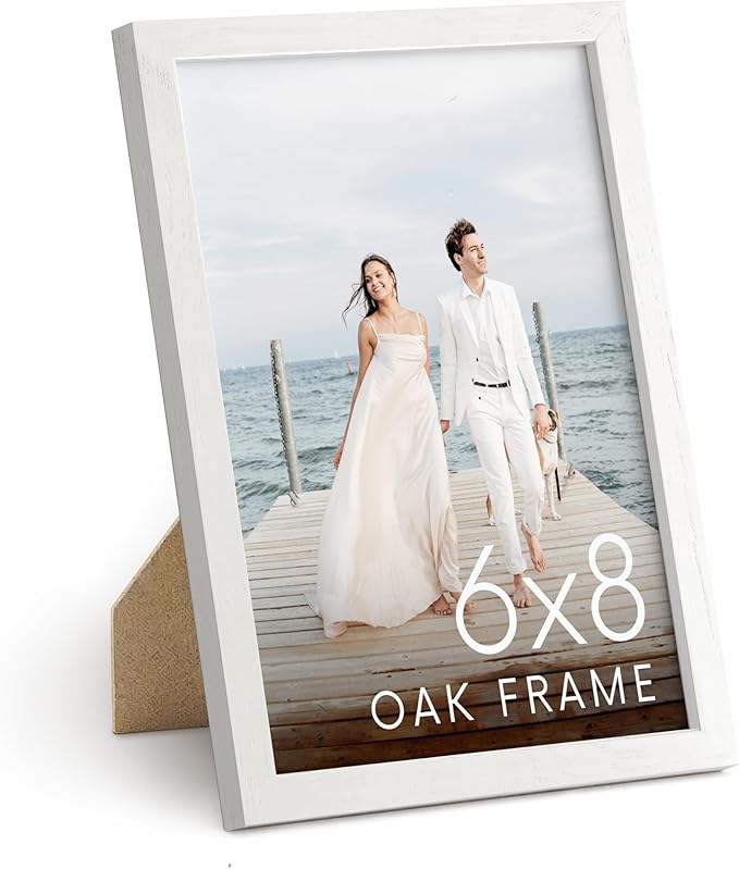 HAUS AND HUES White Oak Wood 6x8 Picture Frame - Premium Oak Frame with Plexiglass, Vertical Hang (White, 6x8 in)