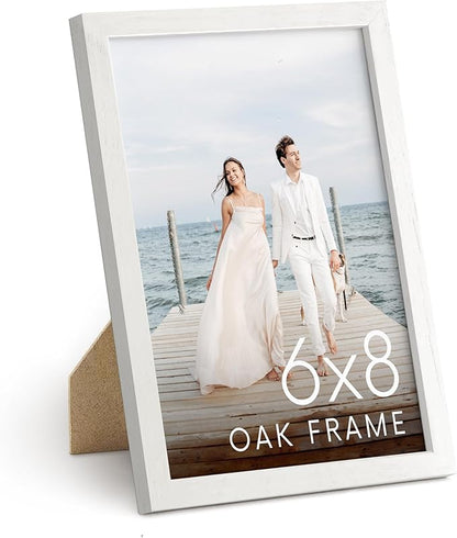 HAUS AND HUES White Oak Wood 6x8 Picture Frame - Premium Oak Frame with Plexiglass, Vertical Hang (White, 6x8 in)