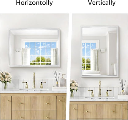 18x24 Silver Bathroom Mirror, Brushed Silver Rectangular Mirror for Wall, 0.6" Thickened Deep Frame Mirrors for Bathroom Sink, Shatterproof Tempered Glass, Antirust, Horizontally or Vertically