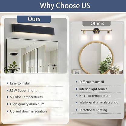 32.6 Inch LED Bathroom Vanity Light, Matte Black Hardwired Vanity Light for Bathroom Over Mirror, 5 CCT Adjustable, 32W 2000LM Aluminum Wall Mounted Light Fixture, Single Pack