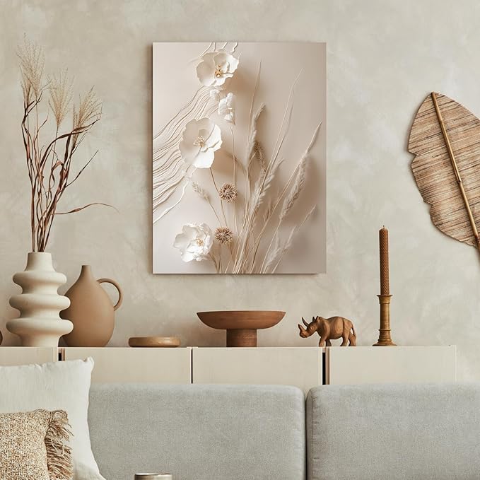 GELDSTEI Neutral Beige Floral Canvas Wall Art, Modern Minimalist Texture Botanical Wall Decor, Vintage Beige Flower Poster Prints for Living Room Bedroom Farmhouse Framed Set of 3, Each 16x24 Inch