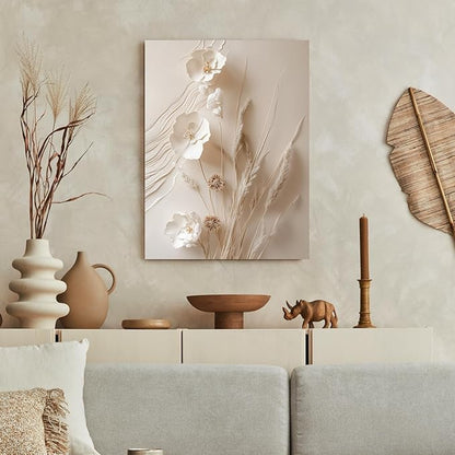 GELDSTEI Neutral Beige Floral Canvas Wall Art, Modern Minimalist Texture Botanical Wall Decor, Vintage Beige Flower Poster Prints for Living Room Bedroom Farmhouse Framed Set of 3, Each 16x24 Inch