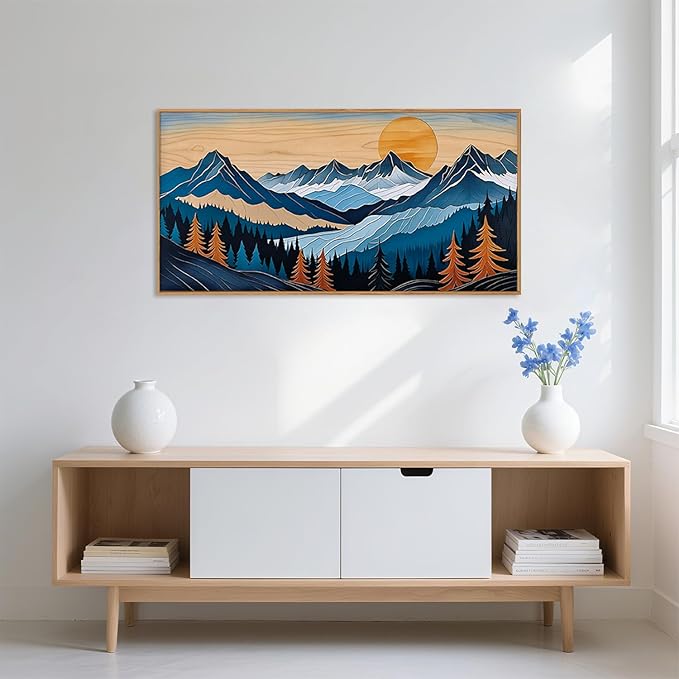 Celestdeco Boho Vintage Mountain Framed Canvas Wall Art Set, Blue Abstract Ridge Wall Decor,Woodcut Pine Tree Landscape Wall Painting,Sunrise Forest Art Print for Living Room,Bedroom,Office-20 X40