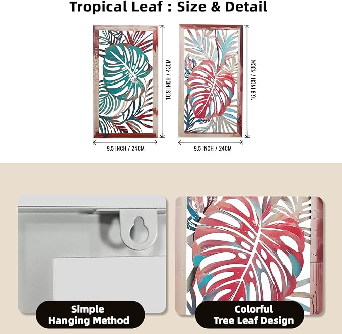 2 Pack Metal Leaf Boho Wall Decor, 3D Metal Leaf Tropical Wall Decor, Tropical Palm Leaves Boho Wall Art, Modern Wall Art, Bohemian Room Decoration for Living Room, Bedroom and Bathroom, Housewarming Gift