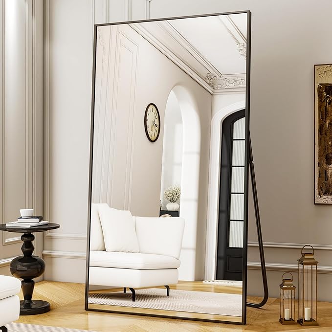 Easly Full Length Mirror with Stand - 38"x77" Full Body Mirror for Floor, Wall Hanging or Leaning - Aluminum Alloy Frame for Living Room, Bedroom, Cloakroom - Black