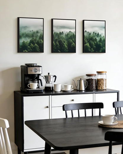 PHOPAGO Green Fog Pine Tree Framed Wall Art Nature Misty Nordic Forests Artwork Morden Paints Bedroom Living Room Home Decor - 11x14in Black Framed