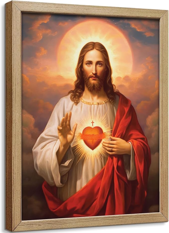 Framed Sacred Heart of Jesus Canvas Wall Art Divine Mercy Painting Picture Wall Decor Religious Christ Jesus Portrait Poster Prints Artwork for Dining Living prayer Room Bedroom Home Decor 24x36 in