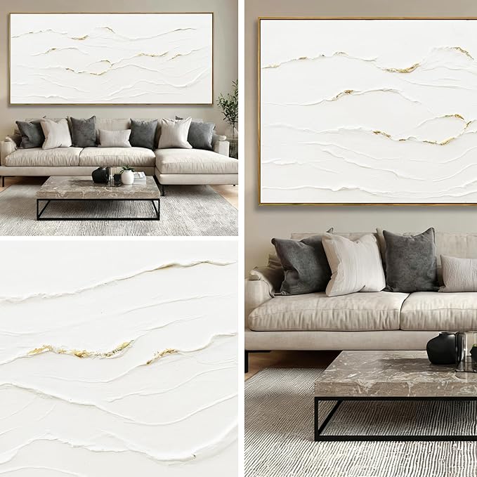 WINKAILIN White and Gold Canvas Wall Art Textured With Framed Posters Pictures Abstract Minimalist Wall Art Extra Large Contemporary Artwork for Office Living Room Entryway Home Decor 32x70 Inch