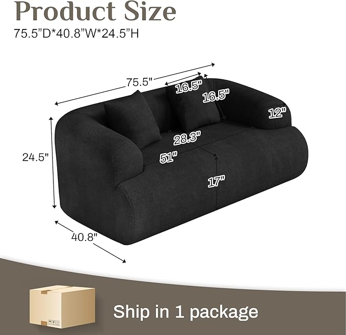 75" Boneless Cloud Loveseat, Modern Cute Curved Chenille Sofa, 2 Seater Compression Couch with 2 Pillows, No Assembly Required for Apartment Living Room, Black