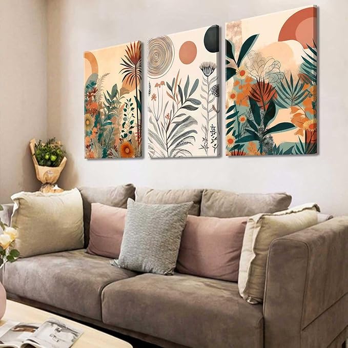 LYPHNX Framed Boho Burnt Orange Botanical Floral Canvas Wall Art Abstract Terracotta Jungle Poster Pictures Set of 3 Flower Prints Painting Home Decor for Bathroom Bedroom Living Room 16"x24"