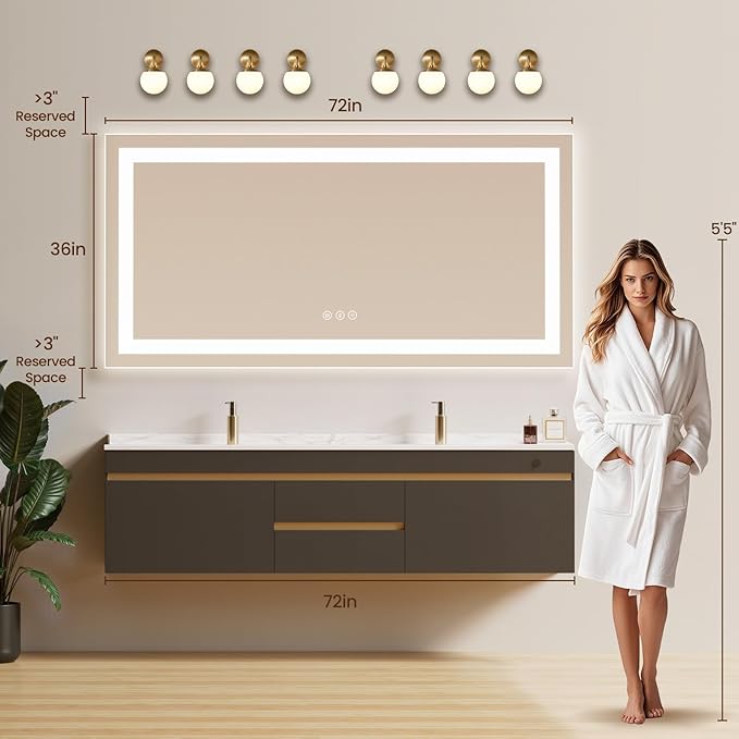 72X36 LED Bathroom Mirror with Lights, Anti-Fog, Backlit + Front Lit, Lighted Bathroom Vanity Mirror for Wall, Memory Function, Dimmable, Tempered Glass, Shatter-Proof