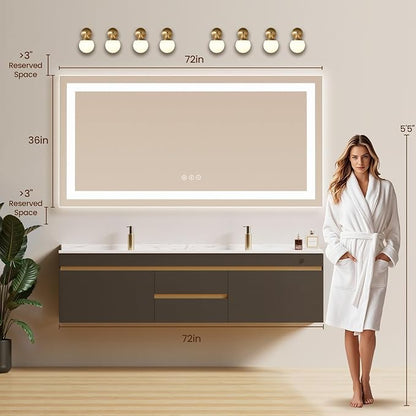 72X36 LED Bathroom Mirror with Lights, Anti-Fog, Backlit + Front Lit, Lighted Bathroom Vanity Mirror for Wall, Memory Function, Dimmable, Tempered Glass, Shatter-Proof