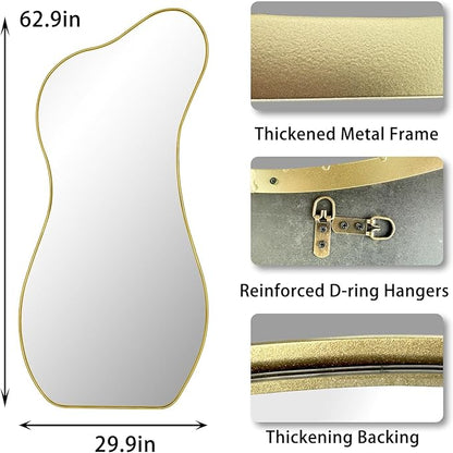 Large Irregular Wall Mirror, 63"x30" Asymmetrical Aesthetic Floor Mirror with Gold Metal Frame, Modern Organic Shaped Mirrors for Living Room Bedroom Hallway Entryway, Hanging or Leaning