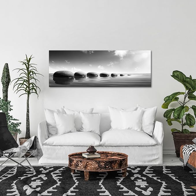 iKNOW FOTO Large Tranquil Zen Stones Canvas Print Monochrome Spa Wall Decor for Home & Office - Serene Nature Artwork for Living Room, Bathroom Mindfulness Black & White Picture 20x55 Inch