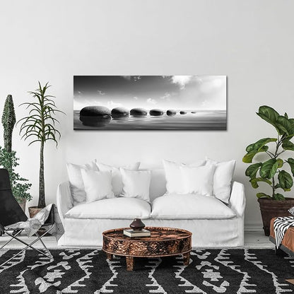 iKNOW FOTO Large Tranquil Zen Stones Canvas Print Monochrome Spa Wall Decor for Home & Office - Serene Nature Artwork for Living Room, Bathroom Mindfulness Black & White Picture 20x55 Inch