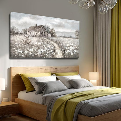 Highland Cow Canvas Wall Art, Neutral Landscape – Rustic Country Cottage with Beige Meadow Flowers, Large Framed Canvas, Ready to Hang, 24x48 Inches